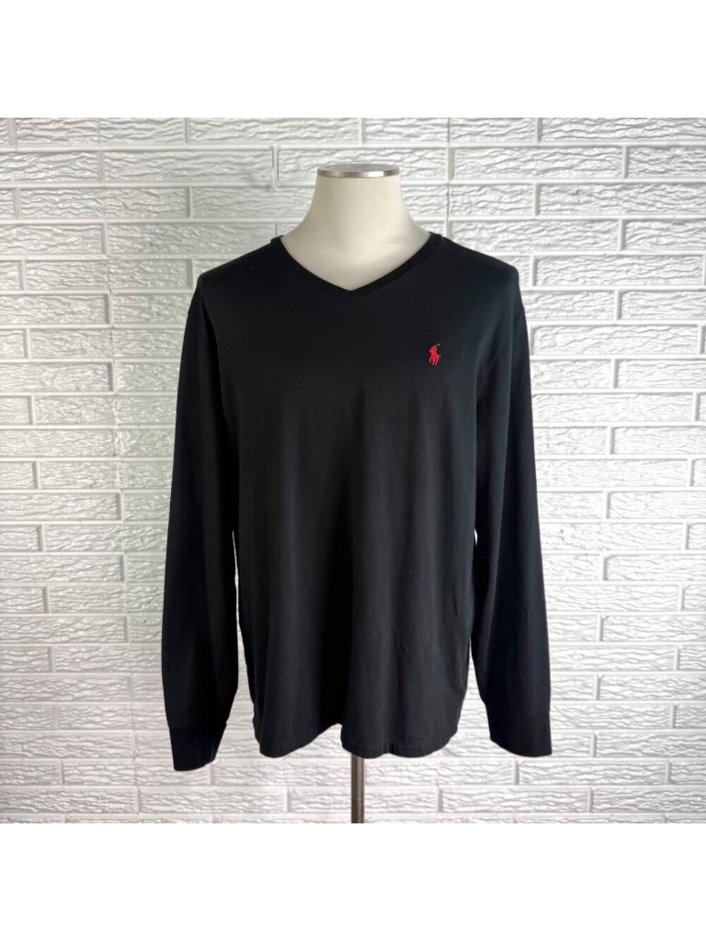 Polo Ralph Lauren Mens Black Long Sleeve V-Neck Shirt Red Embroidered Logo Large